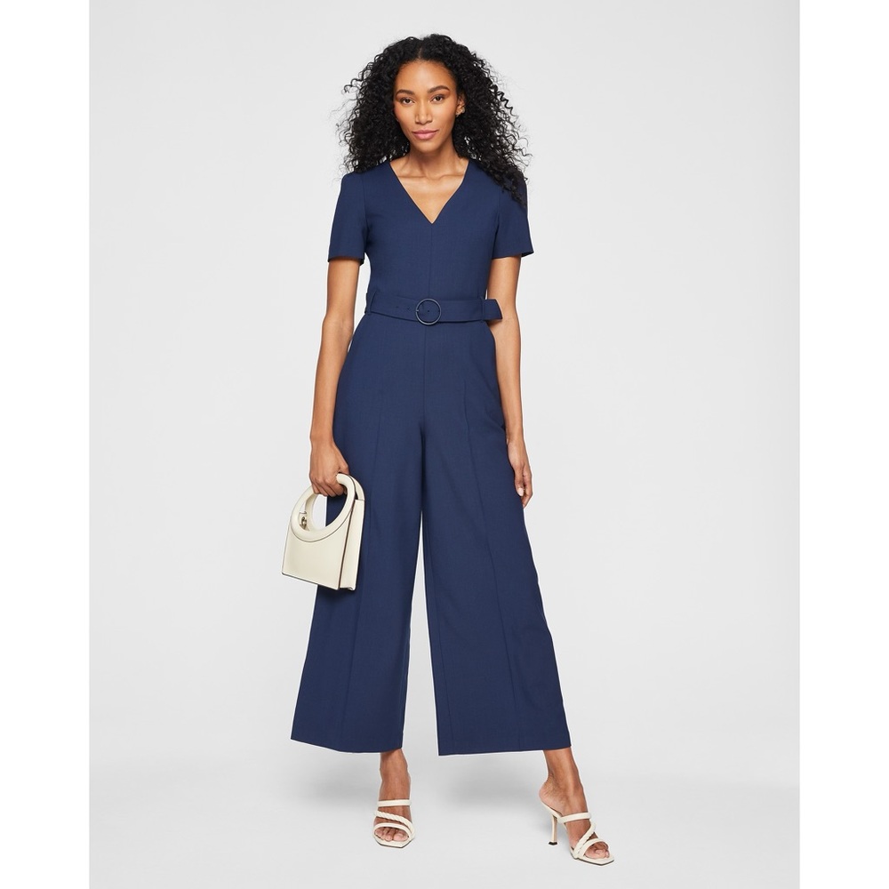 Club Monaco Navy V-Neck Wide-Leg Belted Jumpsuit